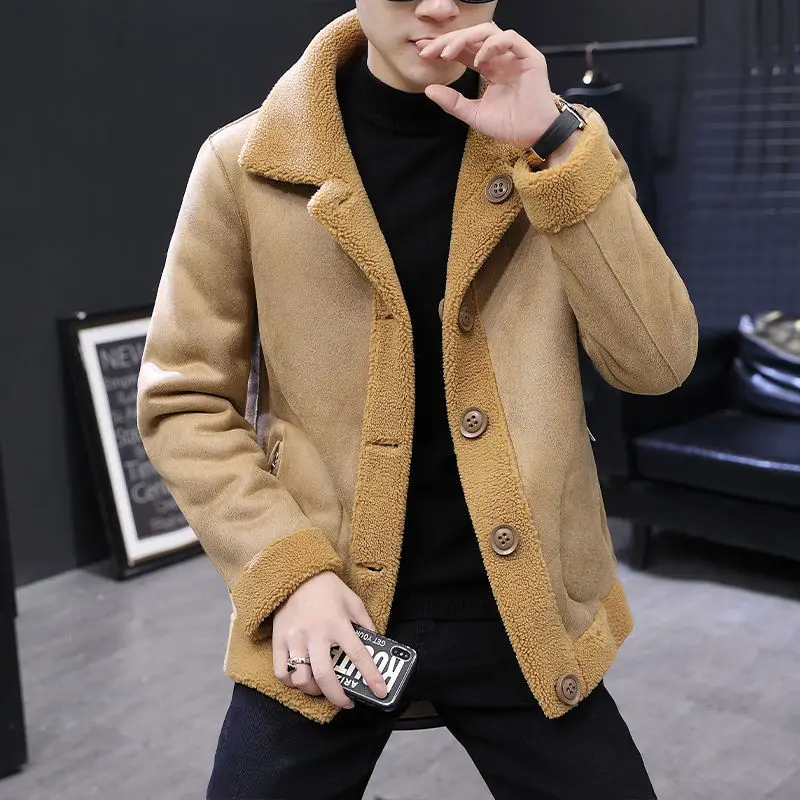 

2023 Winter Men's Leather Jackets Male Fleece Fur Collar Motorcycle Casual Jackets Outdoor Thermal Lamb Coats Clothing M23