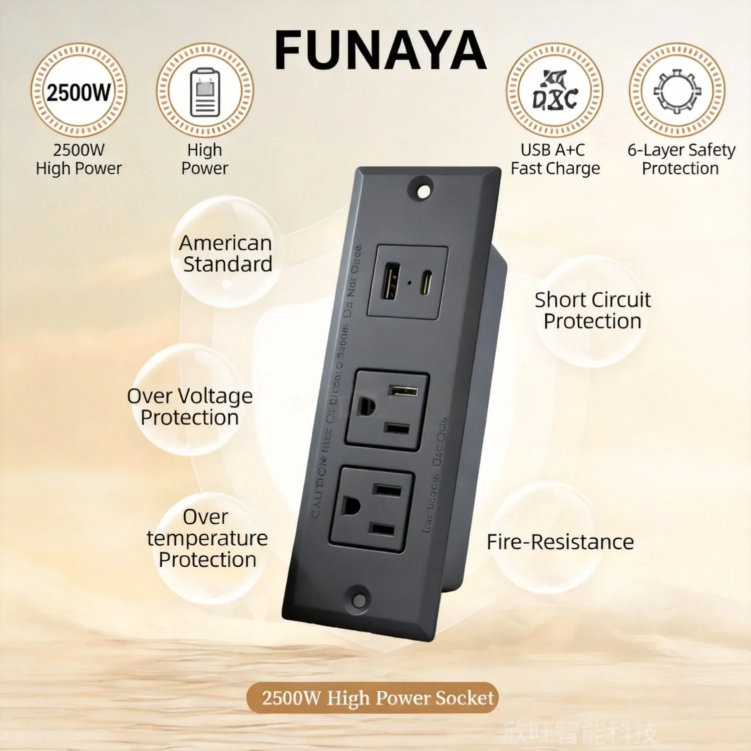 FUNAYA Embedded Furniture Socket Type-B US Desktop Cabinet Concealed Socket Extension Built-in Countertop Power AC110 125 Outlet