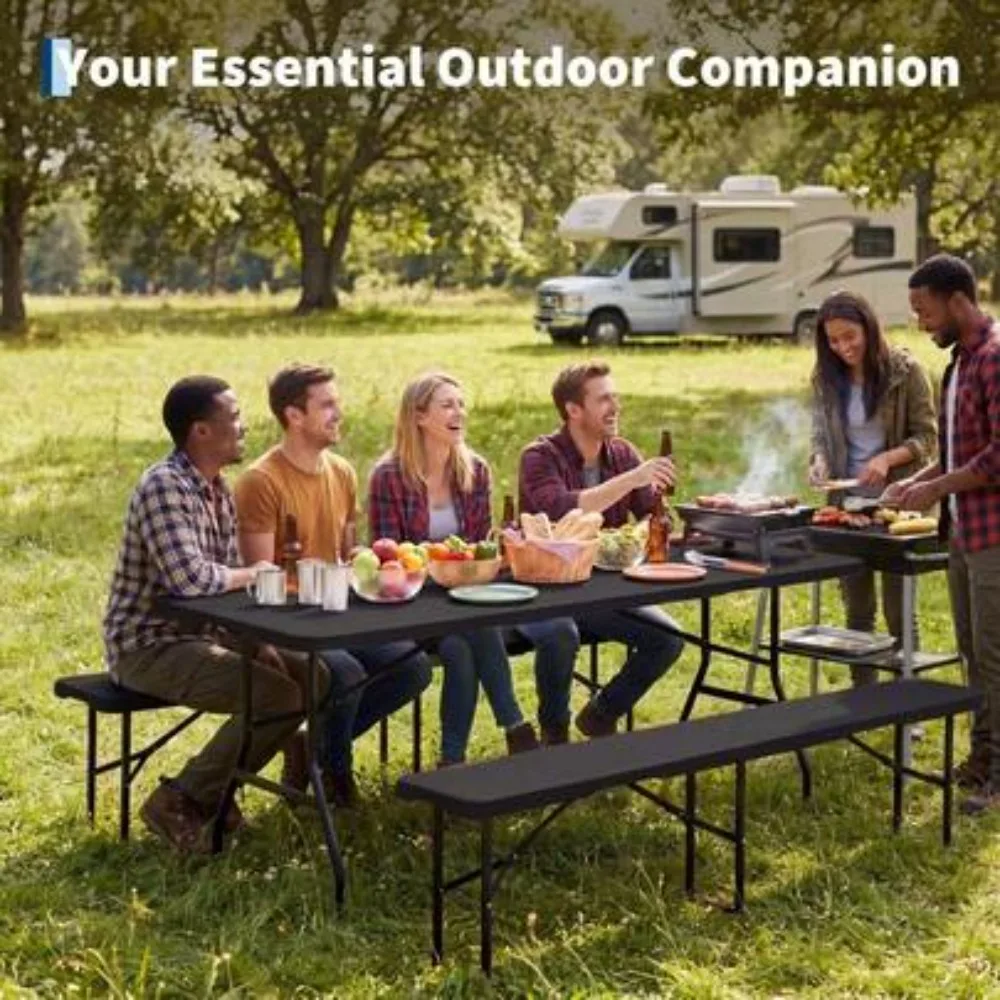 6ft Outdoor Folding Picnic Table Heavy Duty HDPE Plastic Portable Fold In Half with Carry Handle for Camping BBQ Tailgate Party Event Indoor Outdoor Use White Black