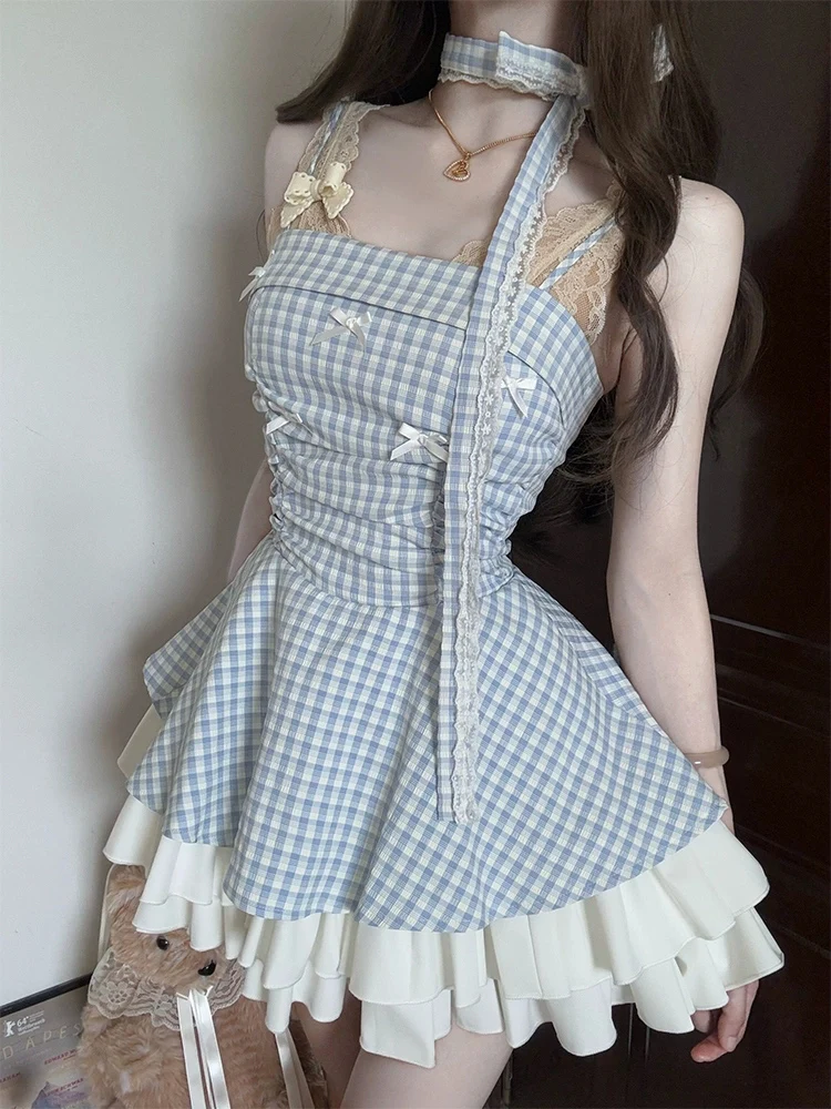 

Sweet Sexy Plaid Knot ter ort Puffy Skirt Women Slimming Waist Design Casual Polyester Fiber Gown for Ladies