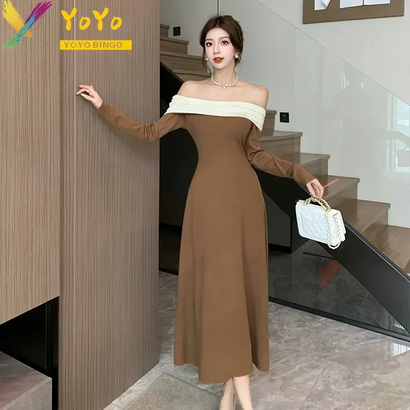 

Elegant Party Knitted One-line Collar Stitched Ruffle Long Sleeve A-line Dress Women Soft Elastic 2024 Spring Fashion Club Dress