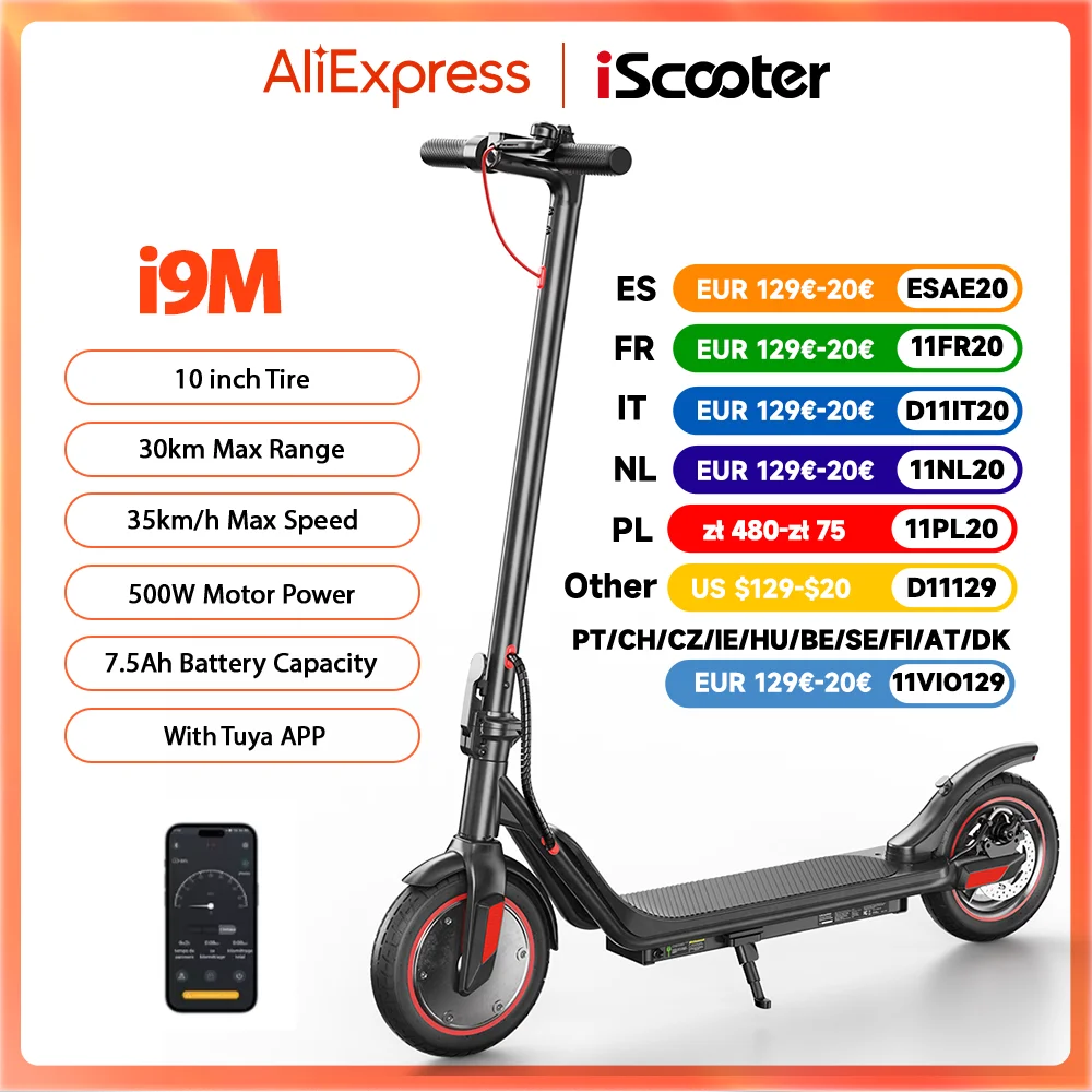 iScooter i9M Foldable Adult Electric Scooter E-Scooter 35 KM/H Electric Kick Scooter 500W Skateboards 42V 7.5Ah Kickboard