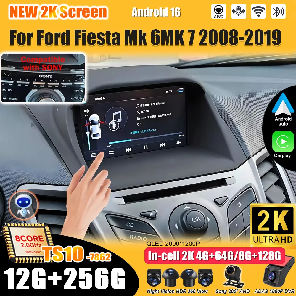 Android 16 para Ford Fiesta Mk 6 e Ford Fiesta Mk 7 2008-2019 Reprodutor de Vídeo Multimídia 2 din Carplay Bluetooth Mirror Link