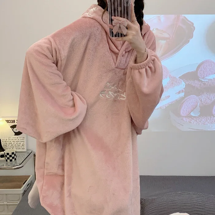 Coral Fleece Pajamas Female Winter One-piece Cartoon Cute Students Thickened Padded Hooded Homewear Autumn Winter Nightgowns