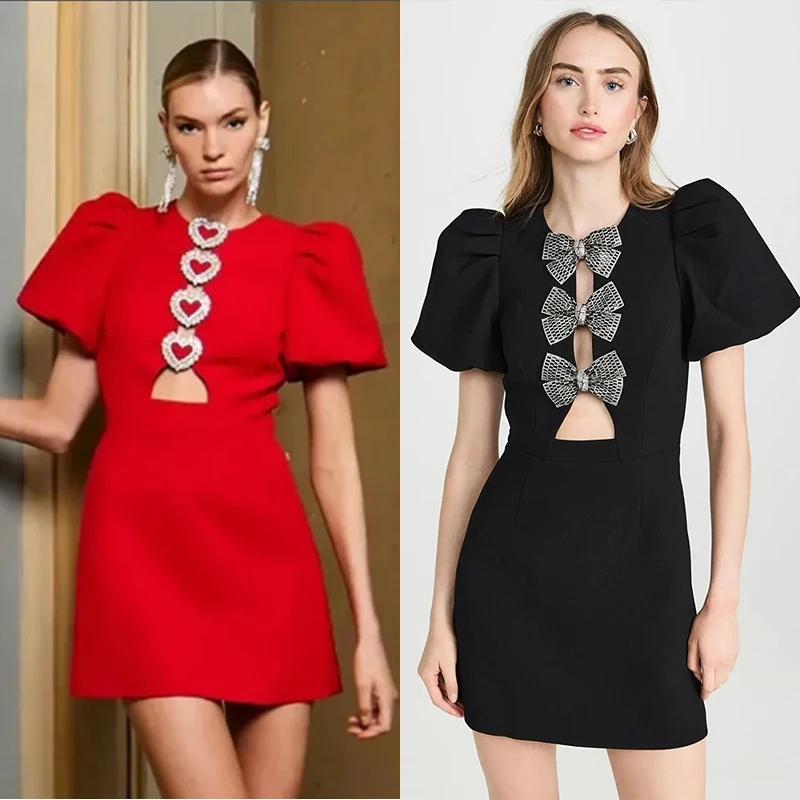 

Red Sexy Hollow Out Metal Love Slim Mini Dress Women Fashion Puff Short Sleeve Vestidos Vestidos 2024 Female Elegant Party Robes