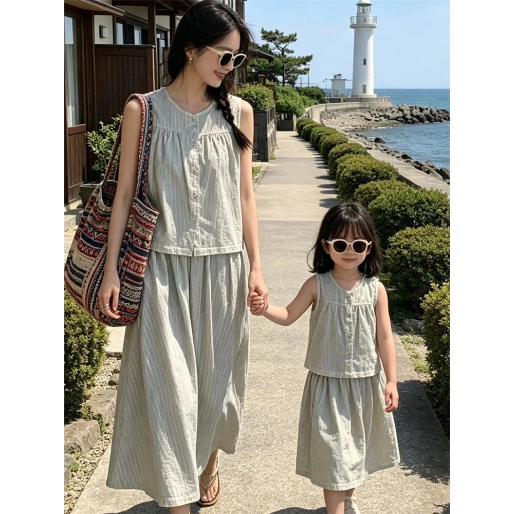 Mom and Daughter 2 Piece Set Family Matching Outfits Korean Style Mommy Me Matching Linen Cotton Sleeveless Vest Skirt Clothes