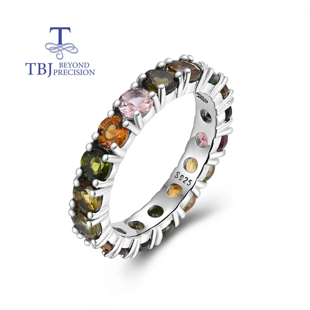 

925 sterling silver simple Tennis eternity ring with round 4.0mm natural tourmaline ring for girl's birthday gift