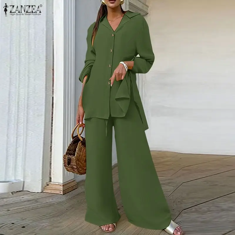 

ZANZEA Summer Autumn Women Pant Sets Thin Long Sleeve Turn-down Collar Tops Wide Leg Pants Matching Sets OL Two-piece Outfits