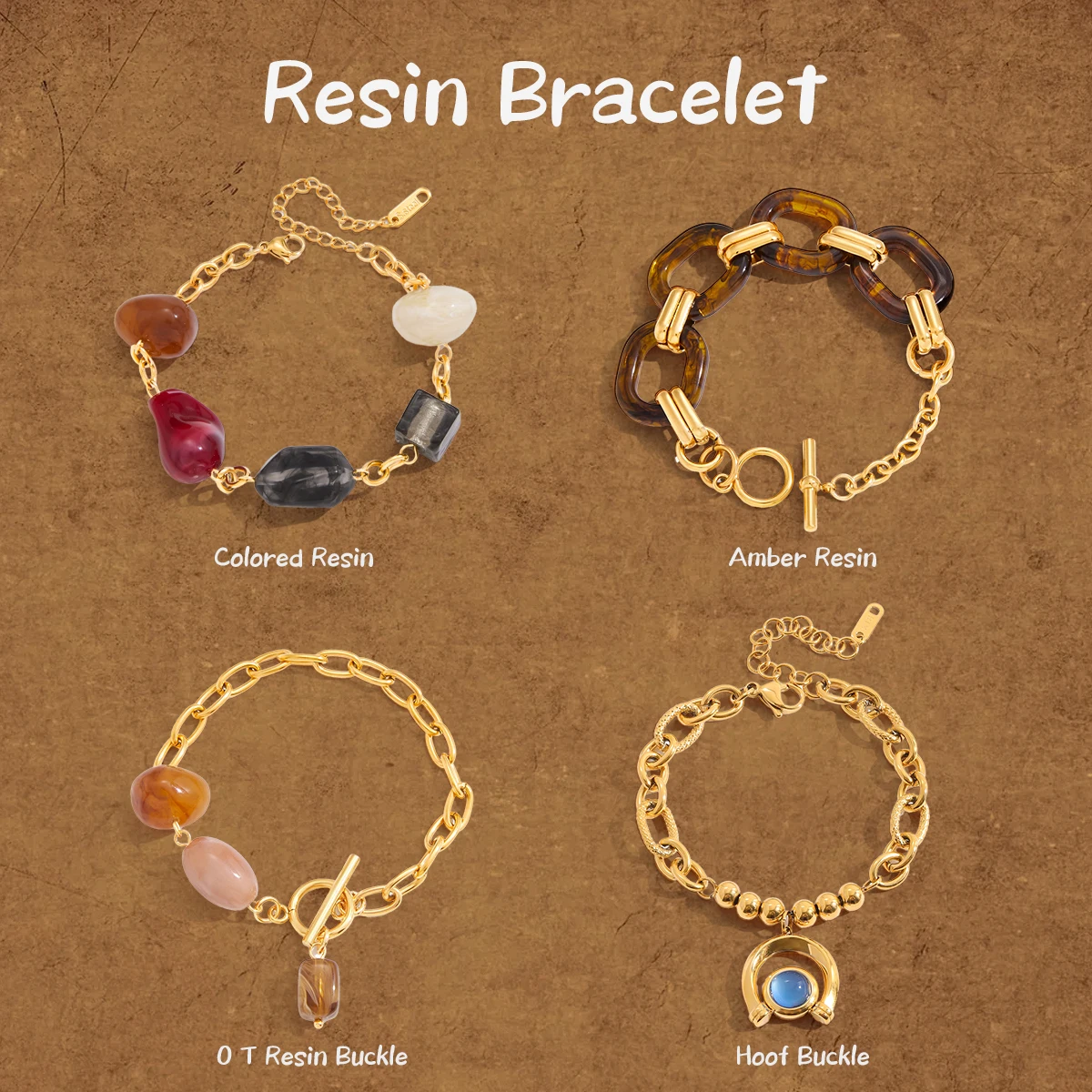 Uworld Vintage Amber Resin OT Buckle Bracelet 18K PVD Stainless Steel Gold Color Waterproof Irregular Pendant Bracelet Women's J