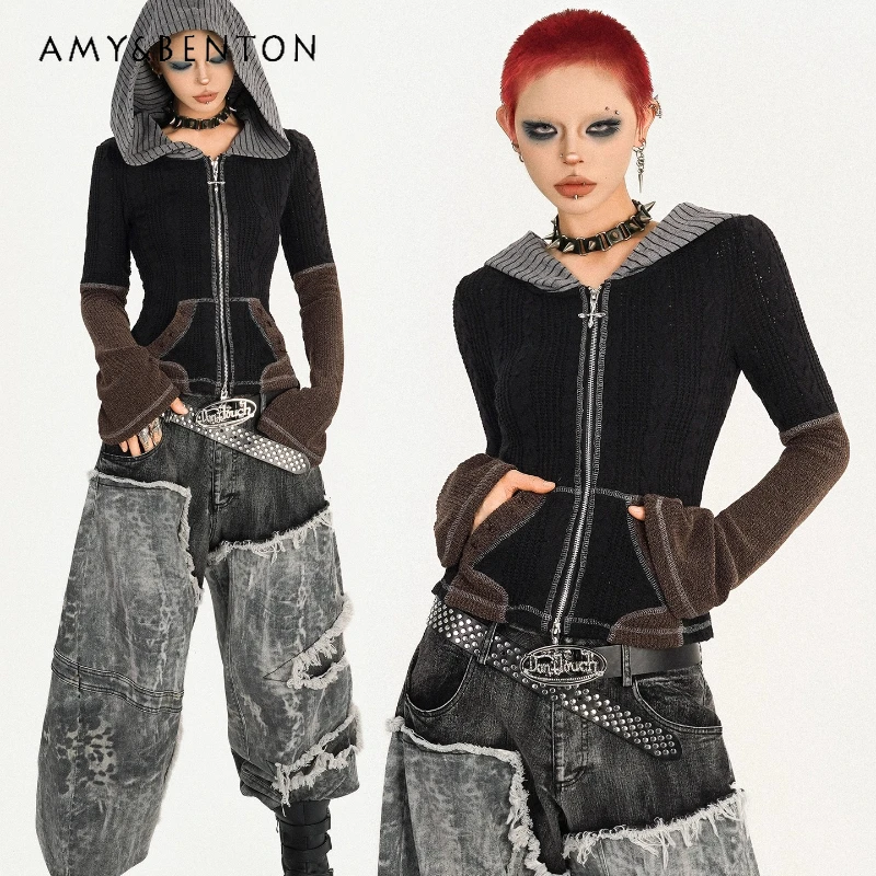 

Original Retro Design Women's Hooded Jacket 2025 Autumn Winter New Slimming Zipper Knitted Color Block Cardigan Jackets Ladies