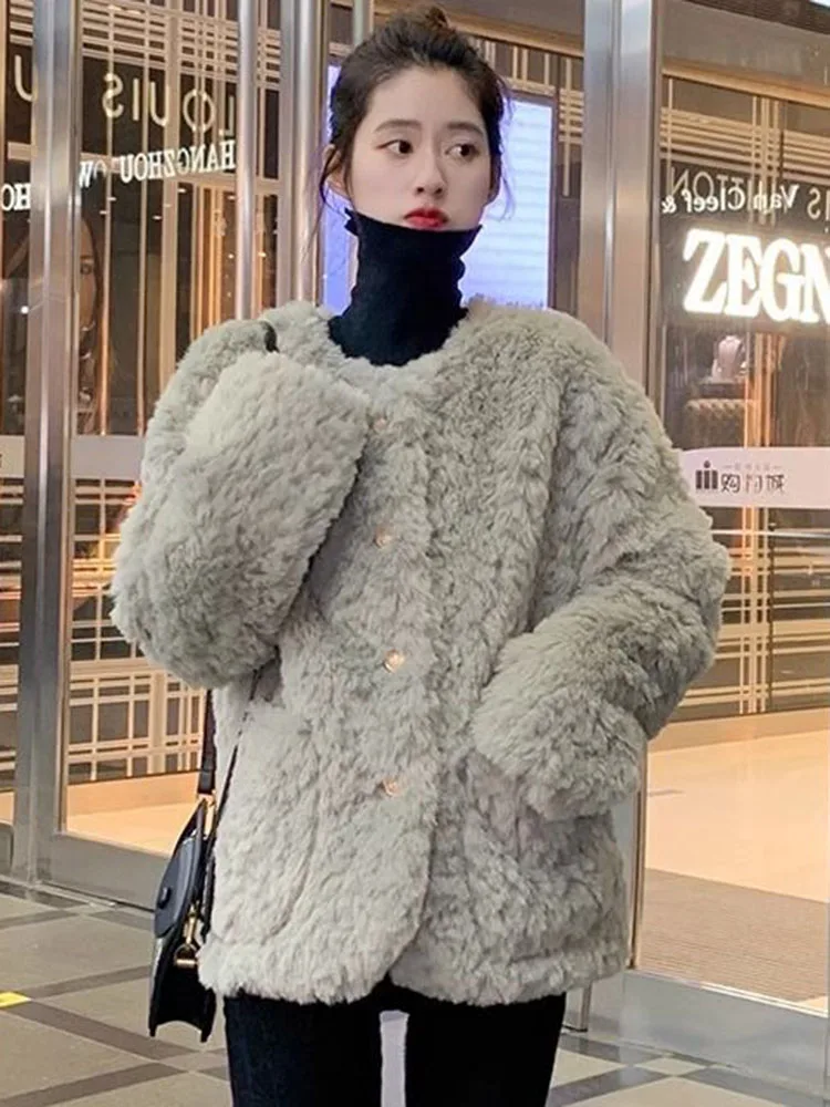 Mulheres soltas pele do falso engrossar jaquetas inverno quente o pescoço algodão acolchoado forrado abrigos design coreano sólido único breasted casacos