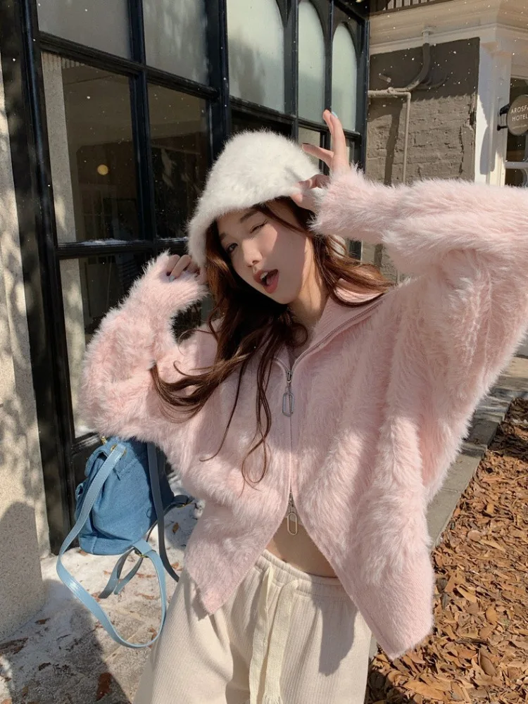 Pink Fashion Sweet All Match Fairy Coats Grunge Kawaii Chic Y2k Aesthetic Sweaters Japanese Fluffy Cute Cropped Cardigans Women