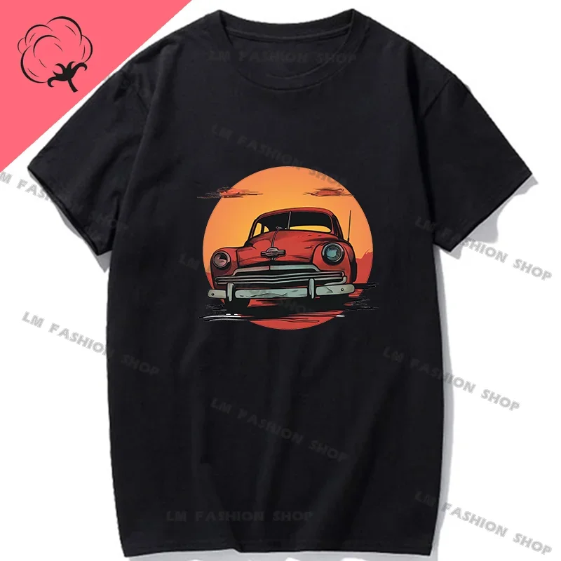 Classic Car Sunset Graphic T Shirt Homme Women and Mens Clothing New in Tops & Tees Printed T-shirt 100% Cotton Nostalgic Design