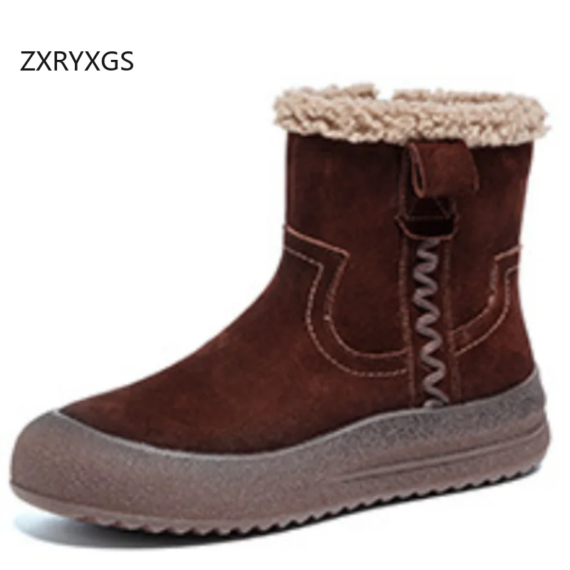 

ZXRYXGS Head Layer Cowhide Snow Boots 2025 British Style Winter Boots Flat Thick Sole Comfortable Warm Cotton Boots for Women
