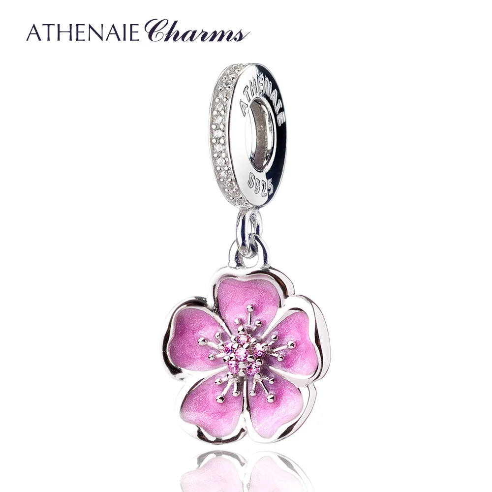 

ATHENAIE 925 Sterling Silver Romantic Pink Enamel Plum Blossom Pendants with CZ Birthstone Dangle Charm Fit European Bracelets