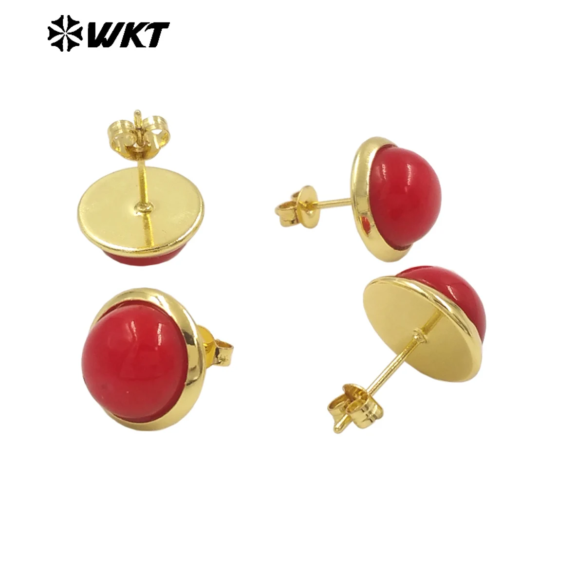 WT-MPE132 Good Looking Red Coral Gemstone Gold Plated Simple Designer Round Stud Earrings Vintage Style 10MM