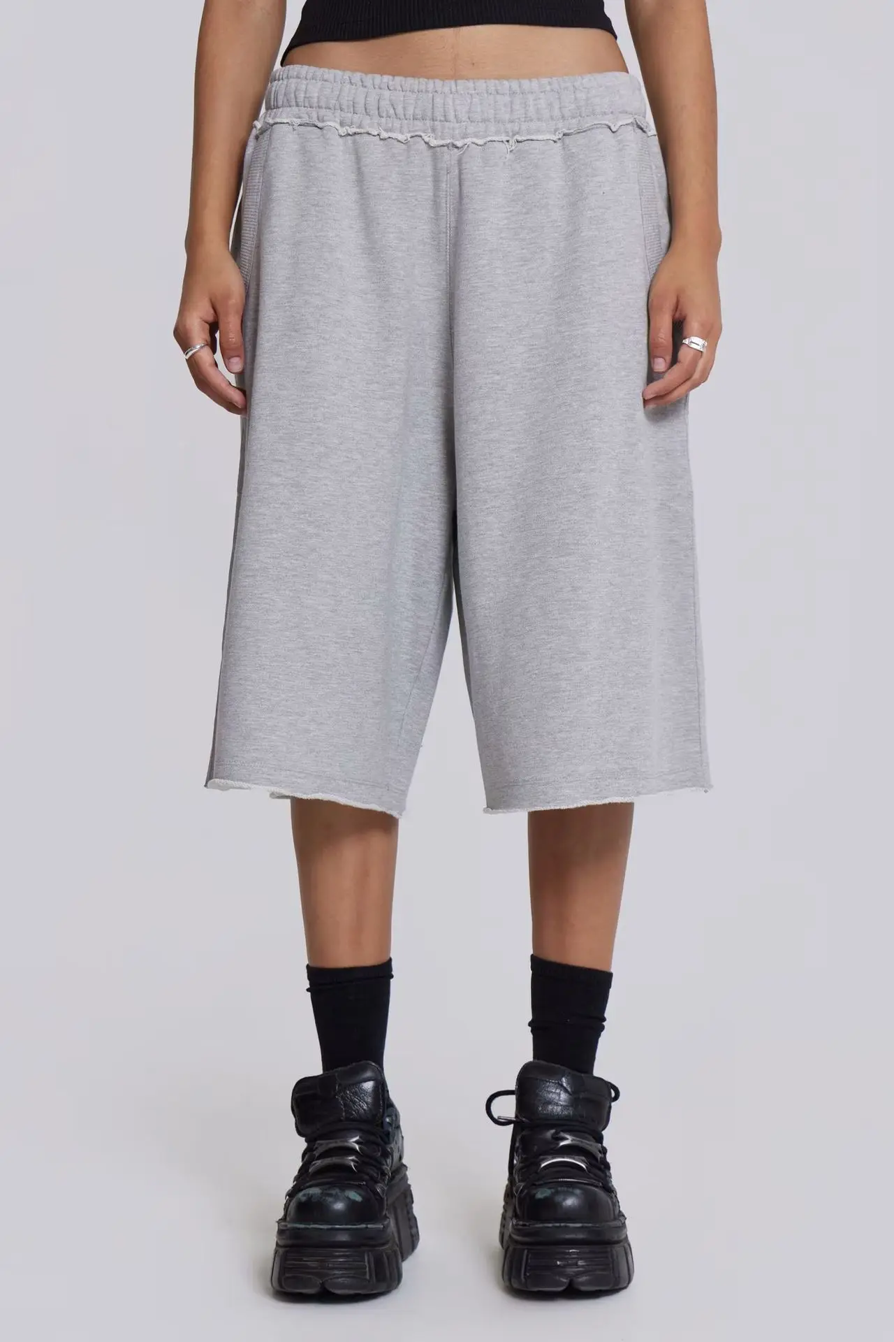 Women Gray Baggy Jogger Shorts Y2K Casual Wide Leg Sport Shorts Oversized Basic Fashion Jogger Short Pants Streetwear