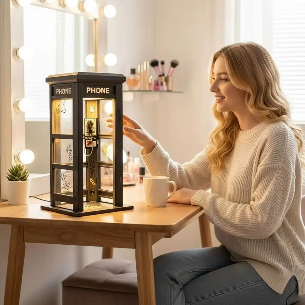 Booth Shaped Vintage Phone Booth Night Light Soft Warm Glow Decorative Ornament Retro Decorative Table Lamp LED Light