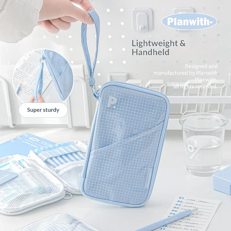 planwith-多機能ポータブル防水ペンケースは広げて使用可能-大容量分類文具収納