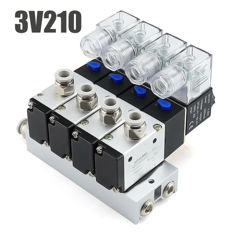 

220V 24V Multi Option 3V210-08 Pneumatic Solenoid Valve Block With Muffler Fitting Base Manifold 2/3/4/5/6 Row 3 Port