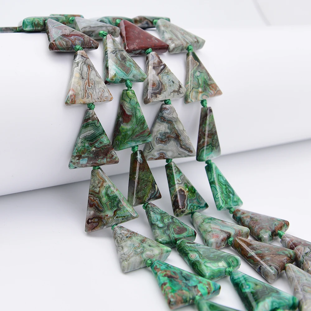 APDGG Big 30x32mm Natural Mix Green Crazy Lace Agate Smooth Ttriangle Chunky Loose Pendant Beads 15'' Strand Jewelry DIY