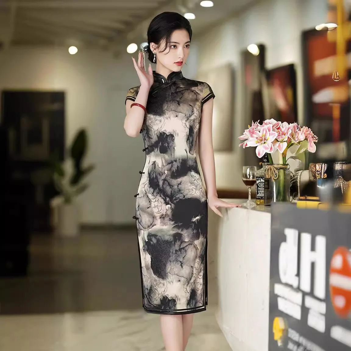 New Elegant Dress Women's Cheongsam Retro Slim-Fit Chinese Style Performance Activity