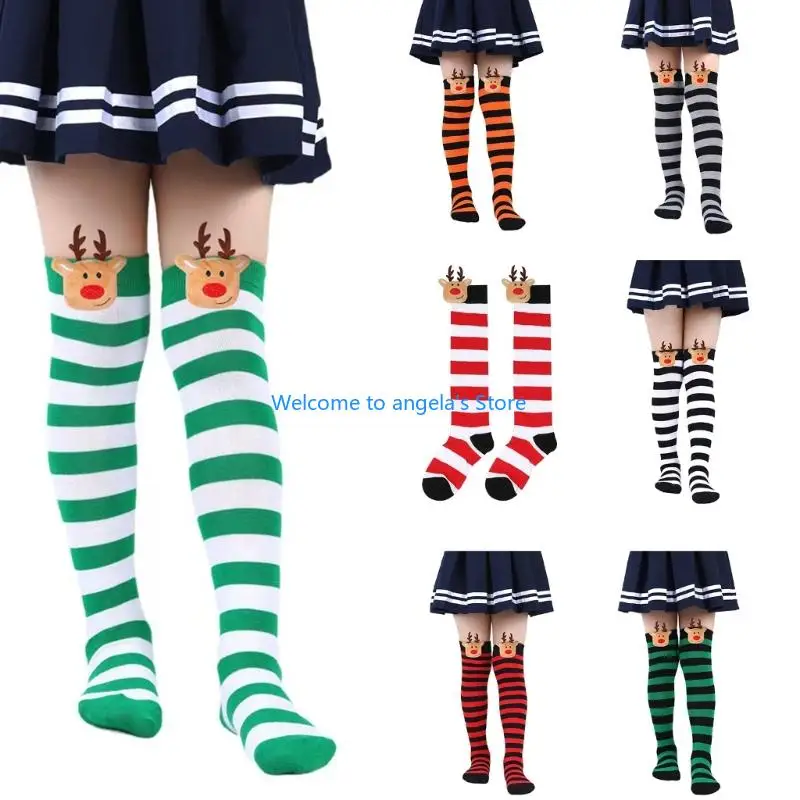 X4YC Christmas Thigh High Stockings Over the Knee Socks Halloween Cosplay Costumes Women Reindeer Striped Thigh High Socks