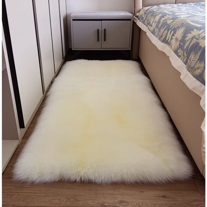 Bedside Sheep Wool Carpet, Monochromatic, Fur Integrated Wool Mat, Thickened Sheepskin Rug, Bedroom Rectangular Floor Mat