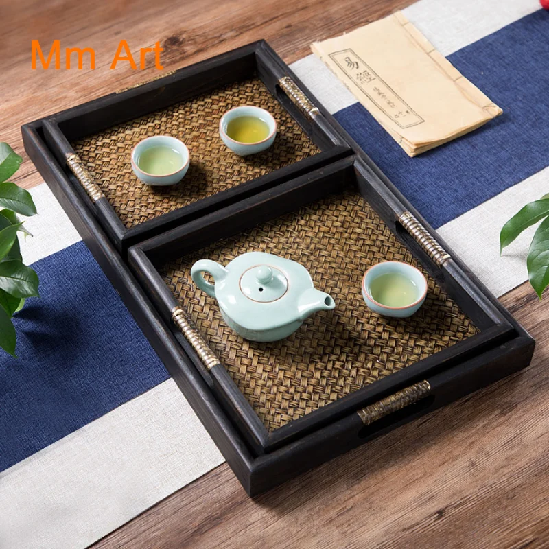 

Thailand Solid Wood Rattan Tray Southeast Asian Wooden Woven Guest Room Tea Tray