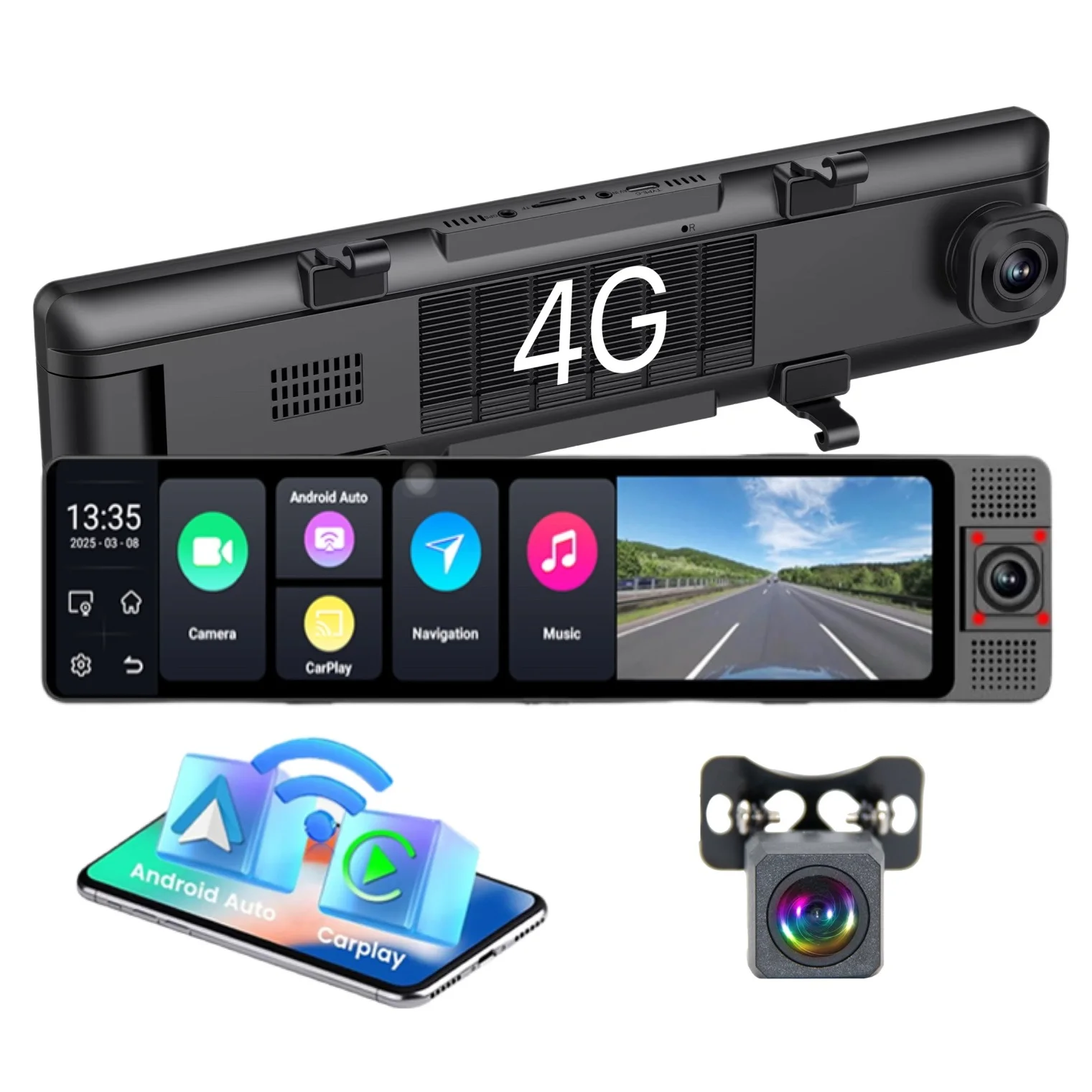 

4G Android13 Drive Recorder 12 Inch 3ch Rearview Mirror Car Black Box With Free App GPS Real Time Live Streaming ADAS Dash Cam