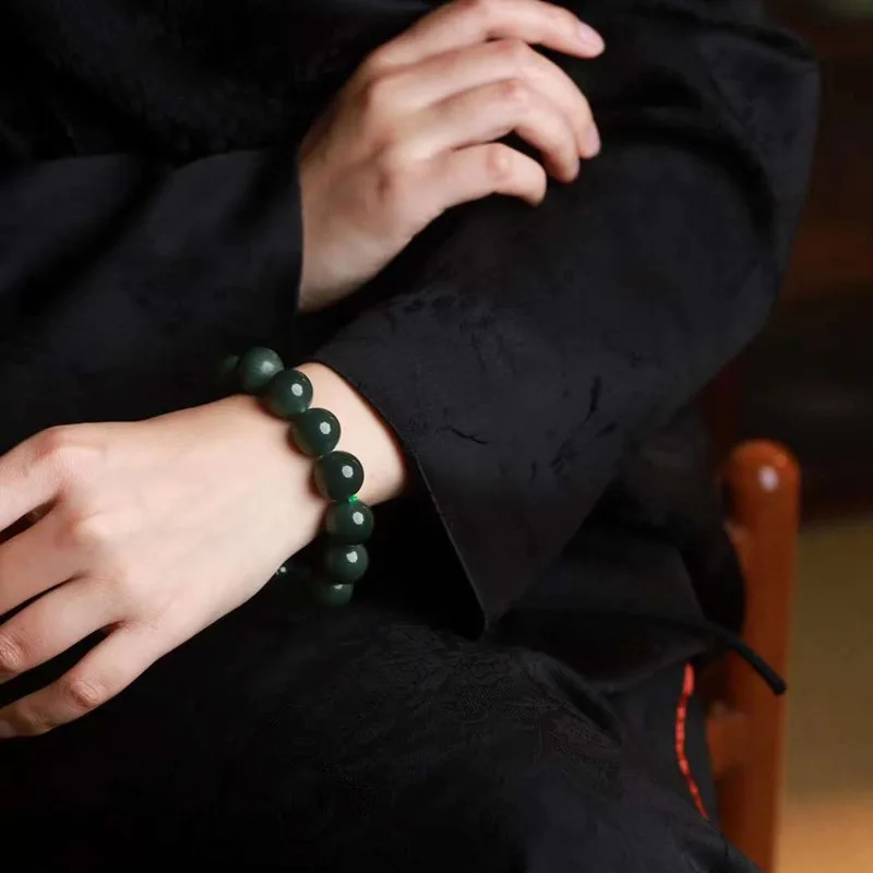 Natural Hetian Jade Russian Material Old Jadeite Sandalwood Green Plain Bracelet