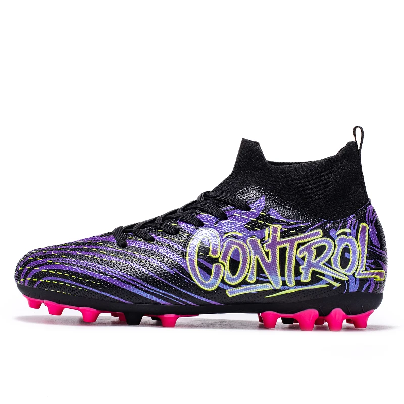 

Unisex High-Top Football Boots AG Long Nails Anti-Slip Leather Black Youth Soccer Competition Shoes