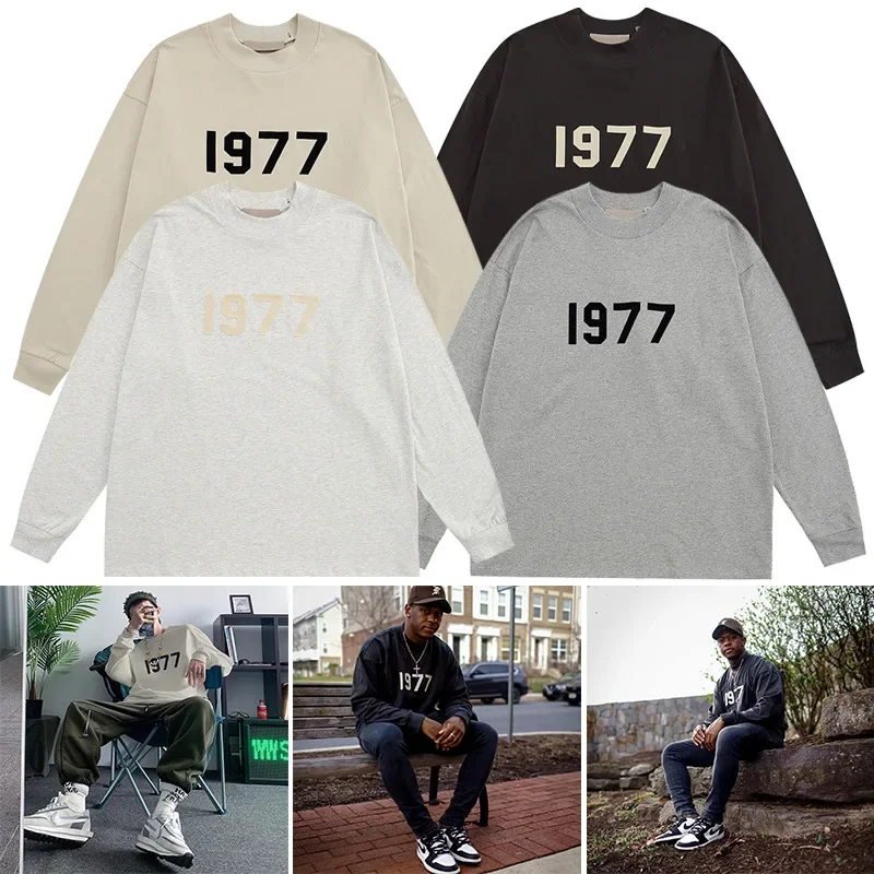 تي شيرت Essentials American Style 1977 High Street يتدفقون برقبة دائرية من القطن الخالص بطبقة أساسية وأكمام طويلة ورقبة دائرية #1