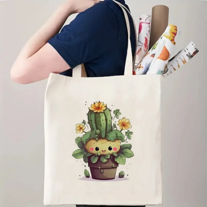 حقيبة يد نسائية عصرية حقيبة تسوق خفيفة الوزن لطيف الكرتون الصبار "المعانقة الحرة" حقيبة كتف قماش الإكسسوارات العصرية