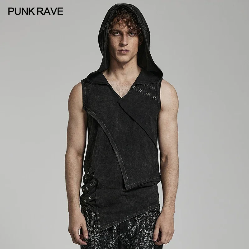 PUNK RAVE Men's Punk Handsome Elastic Knitted Hooded Vest Daily Washed Process Mens Black Tank Spring Summer