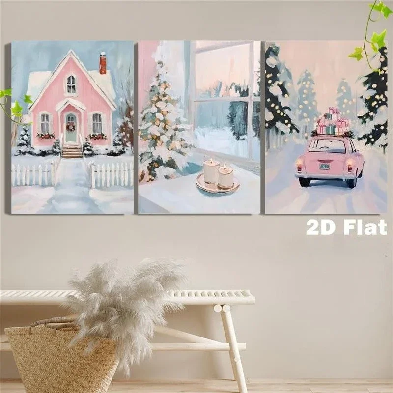 (No frame)2D Flat, 3pcs Pink Christmas Cabin & Candle Wall Art - Cozy Winter Cottage Scene with Carriage Suitable for ' Room,