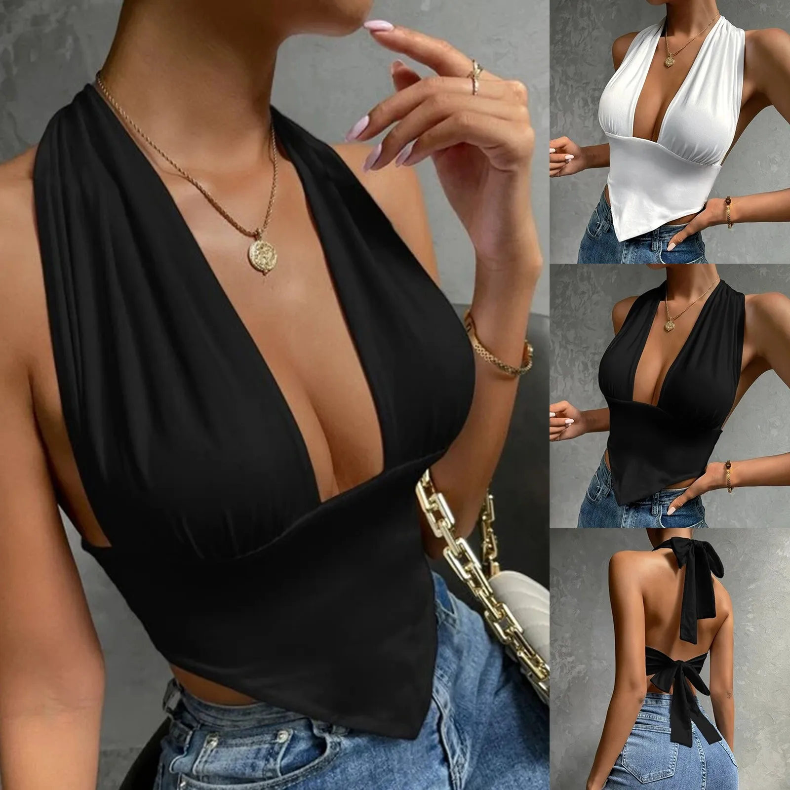 Women Sexy Camisole Bustiers Low Cut Halter Neck Fishbone Cropped Tops For Women Strappy Bowknot Backless Sexy Corset Tops