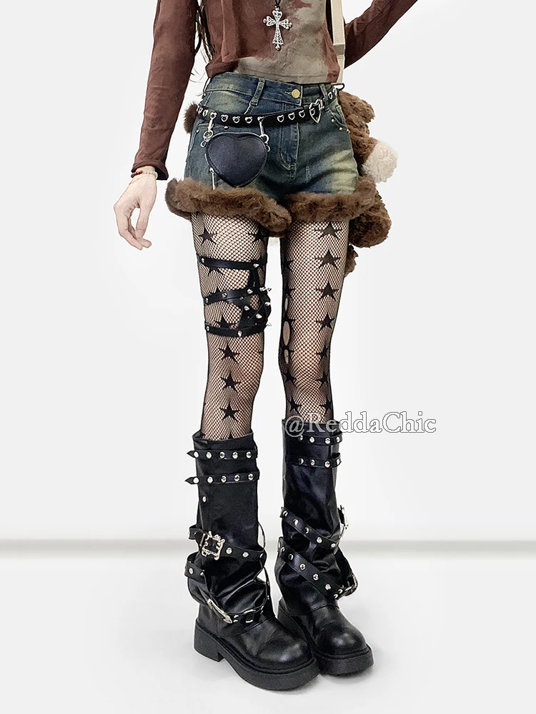 REDDACHiC Cute Fluffy Denim Shorts Stretch Stitch Faux Fur Distressed Ripped Cargo Jean Shorts Y2k Retro Women Winter Clothes