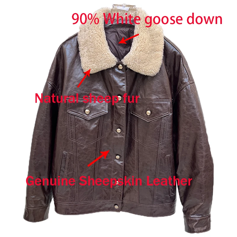 Genuine Sheepskin Leather Jacket Warm Goose Down Jacket Natural Sheep Fur Collar Coat Women's Luxury Female Coats