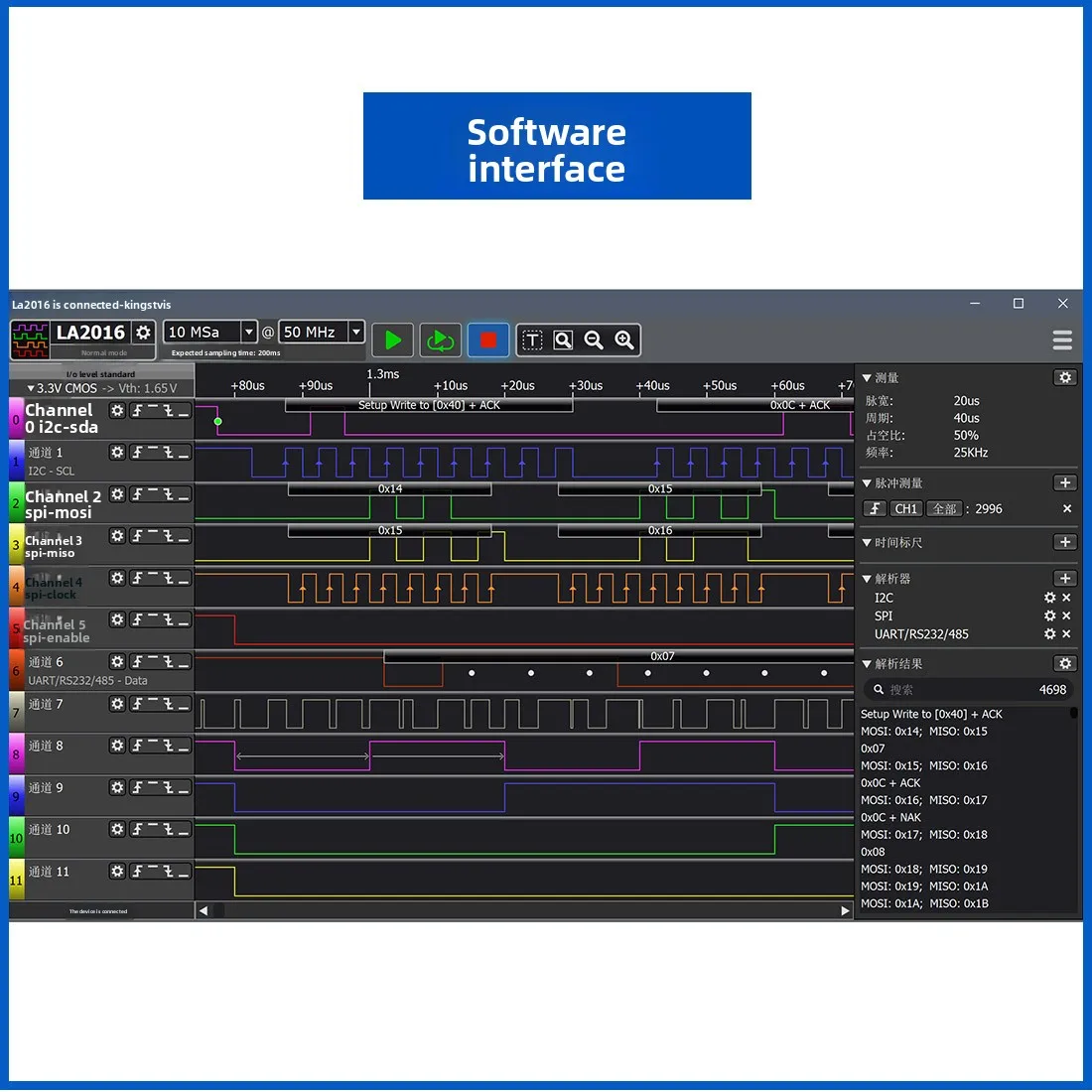 Kingst LA1010 Logic Analyzer 16 Channels 100MHz USB Protocol Decoder I2C SPI UART for Debugging
