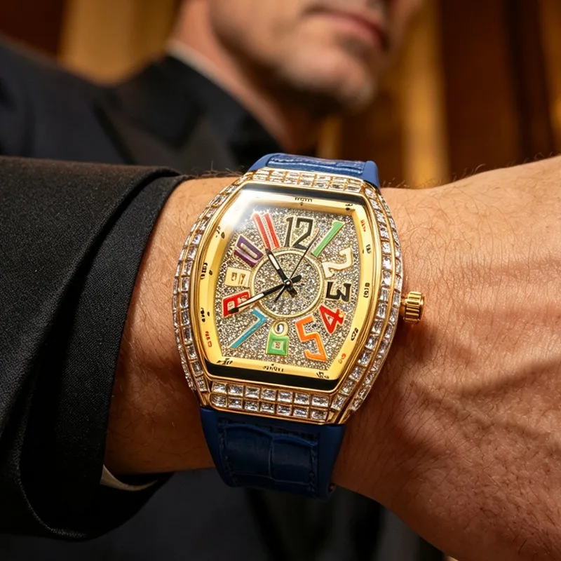Luxury Unisex Quartz Watch for Men Women – Iced Out Diamond Pave Bezel Multicolor Arabic Numerals  Analog Wristwatch