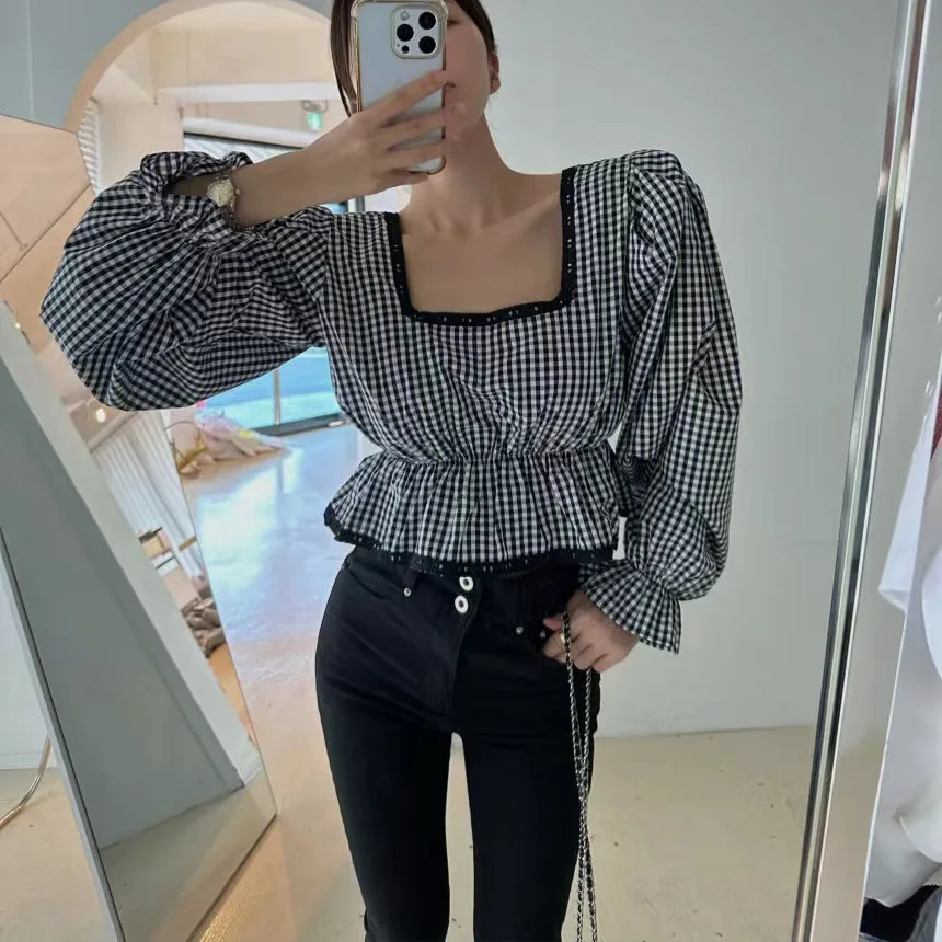 

Рубашка в клетку с квадратным воротником в стиле ретро, женская рубашка с кружевной отделкой и рукавами-фонариками, укороченная, с эффектом утончения талии, с высокой талией, в корейском стиле, из смесового хлопка
