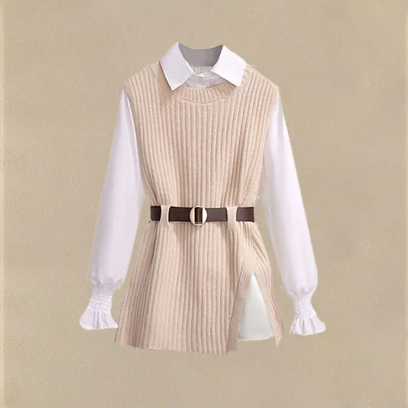 Women\'s Spring Autumn New Fashion Knitted Vest+White Shirt+High Waist Midi Skirt Three Piece Korean Elegant Dress Matching Set