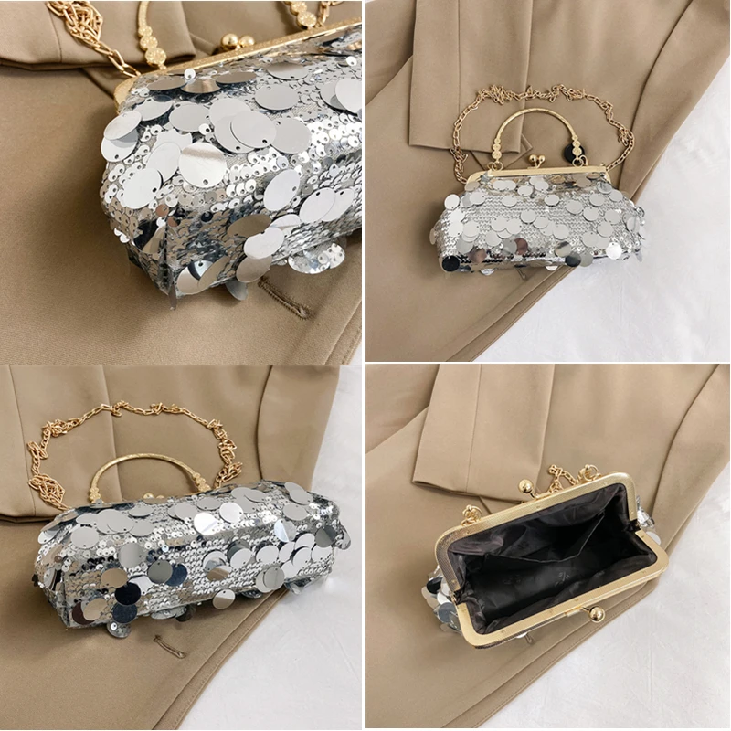 Women Luxury Evening Clutch Bag Wedding Golden Sequins Clutch Purse Chain Shoulder Bags Small Party Handbag With Metal Handle