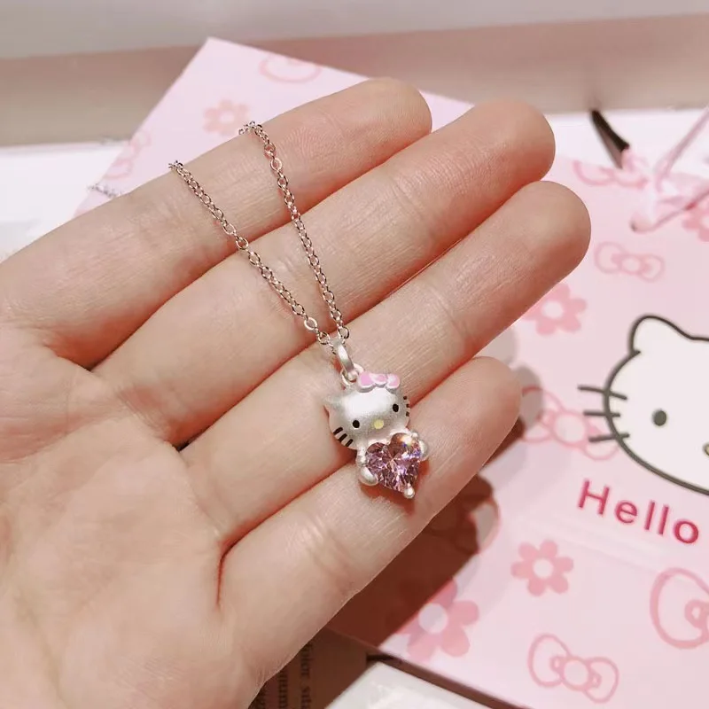 Kawaii Hello Kitty Sanrio kalung kristal merah muda Anime Aloi perak perhiasan rantai wanita pesona Valentine aksesoris hadiah gadis