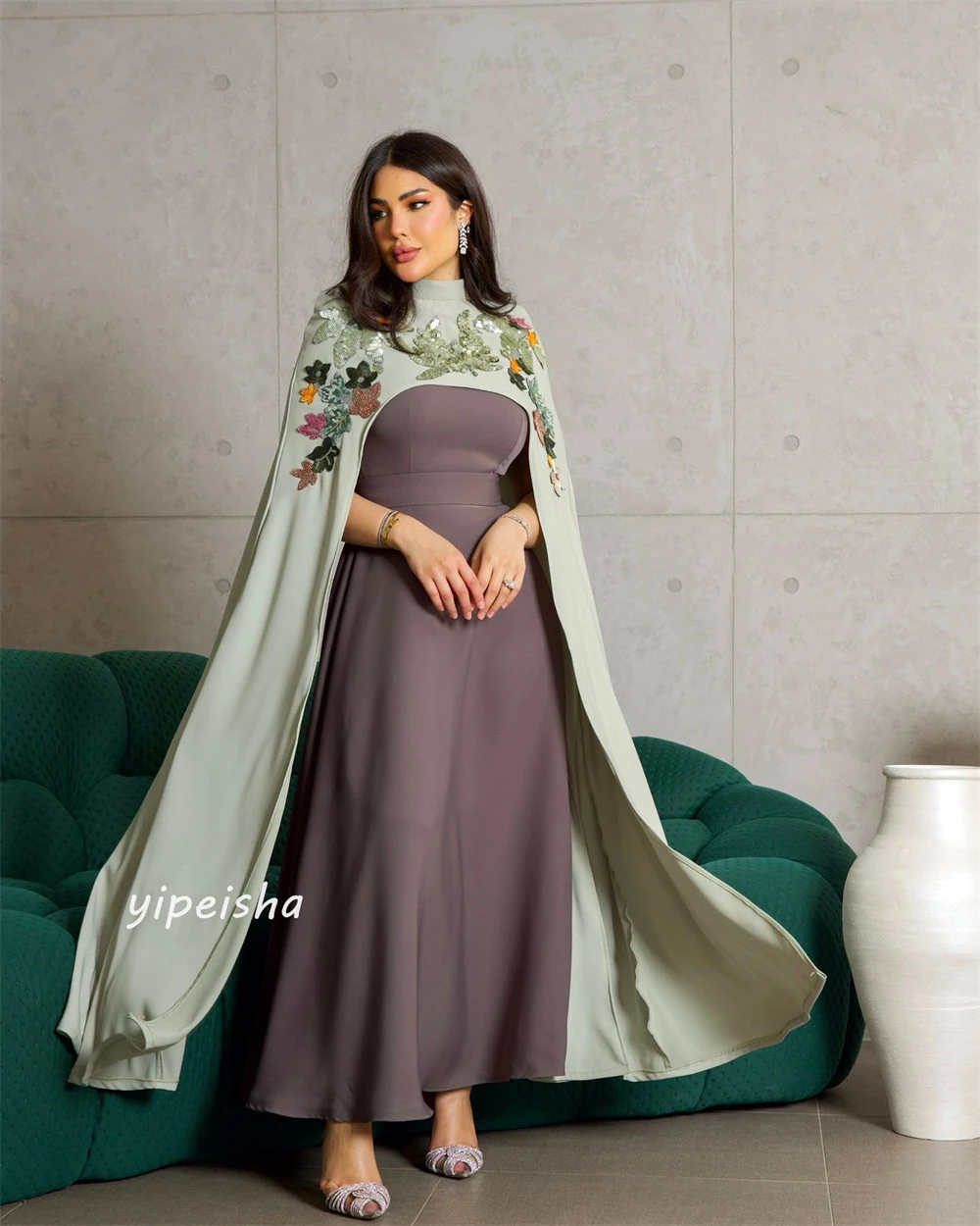 Jiayigong-Robe de Soirée de Haute Qualité, Tenue de Forme Trapèze, en Jersey, avec des Appliques Froncées, Col Haut, sur Mesure, pour Occasions