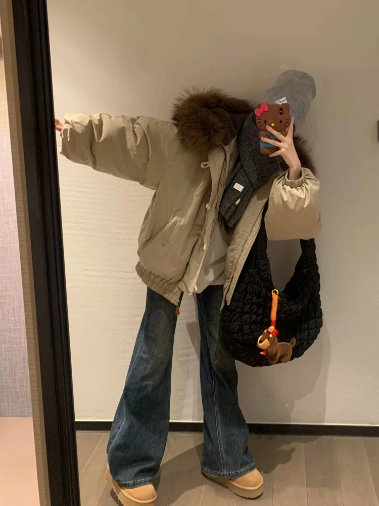 Retro Parka Damska z Guzikami, Luźna, Bawełniana, z Kołnierzem z Imitacji Futra, Ciepła Odzież Wierzchnia, Koreański Styl, Duże Rozmiary, Modny Płaszcz Zimowy