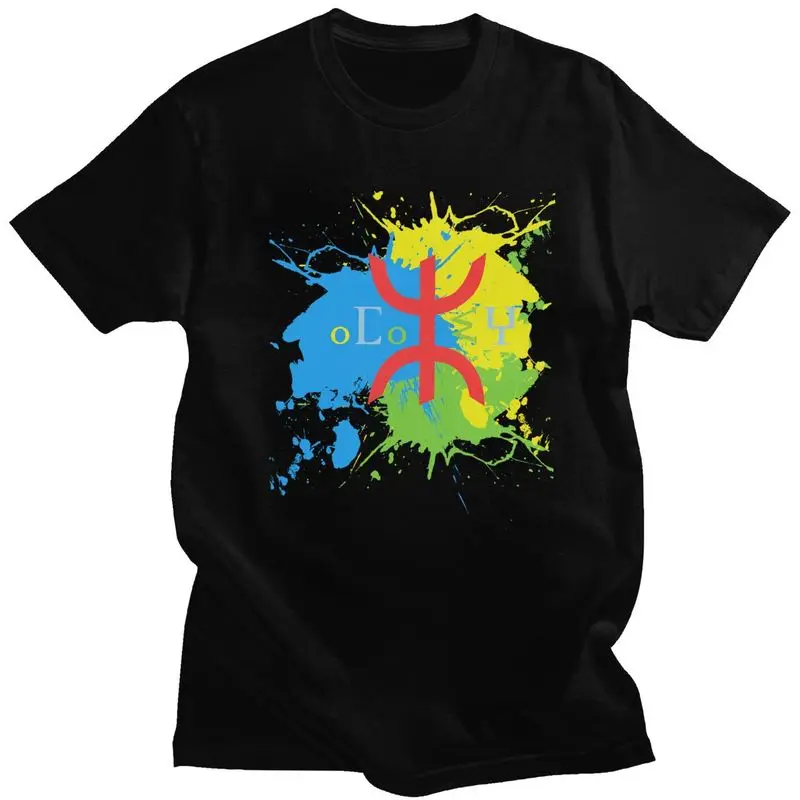 Amazigh Flag Splash Art Design Tshirt for Men Short Sleeves Leisure T Shirt Berber Proud Tifinagh T-shirts Pure Cotton Tee