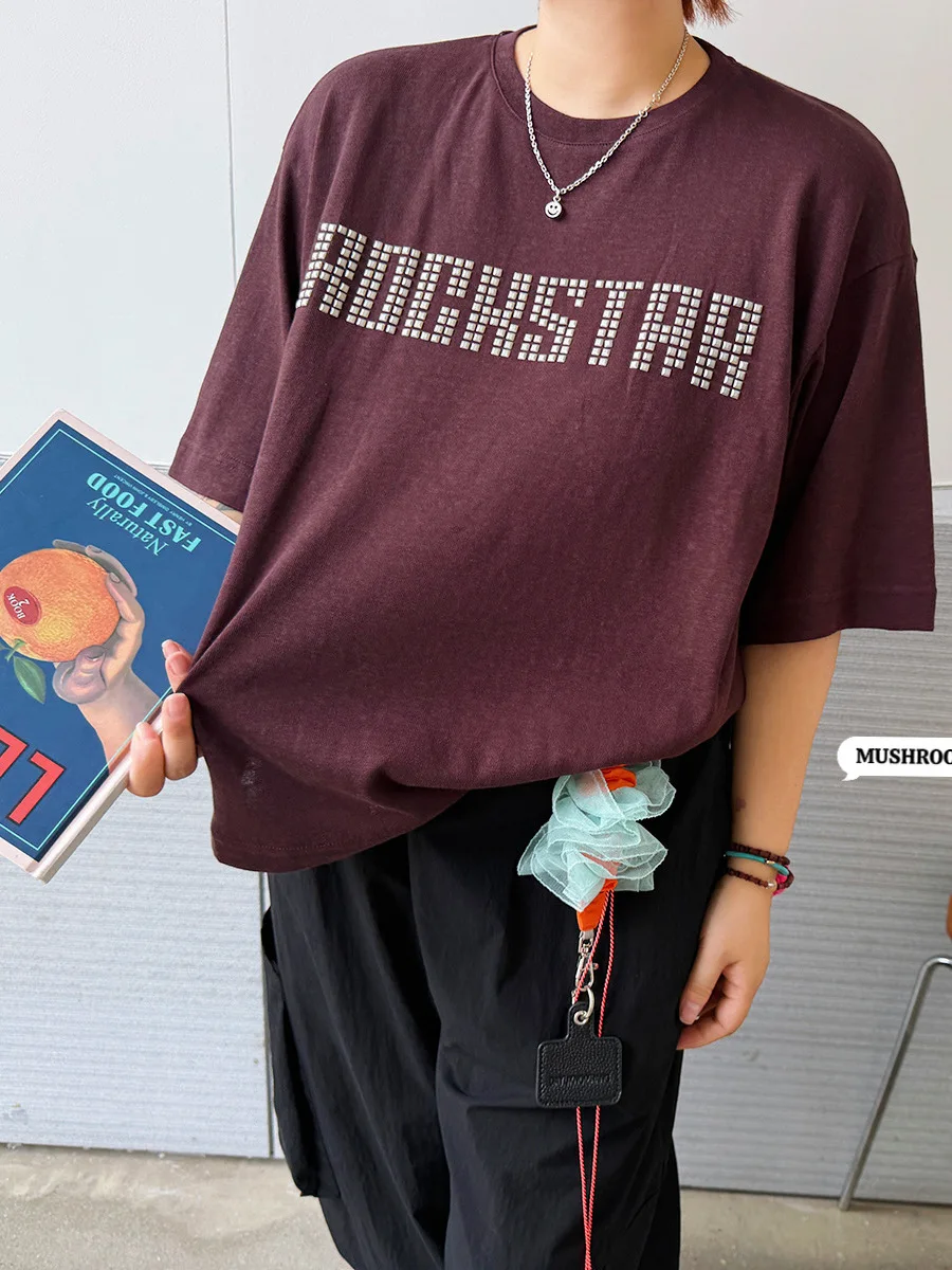 

Женская футболка Mushroom Head Miss 2026: Новинка, ретро-стиль, повседневная мода, с заклепками и надписью, круглый вырез, короткий рукав, свободный крой, летняя, хлопок