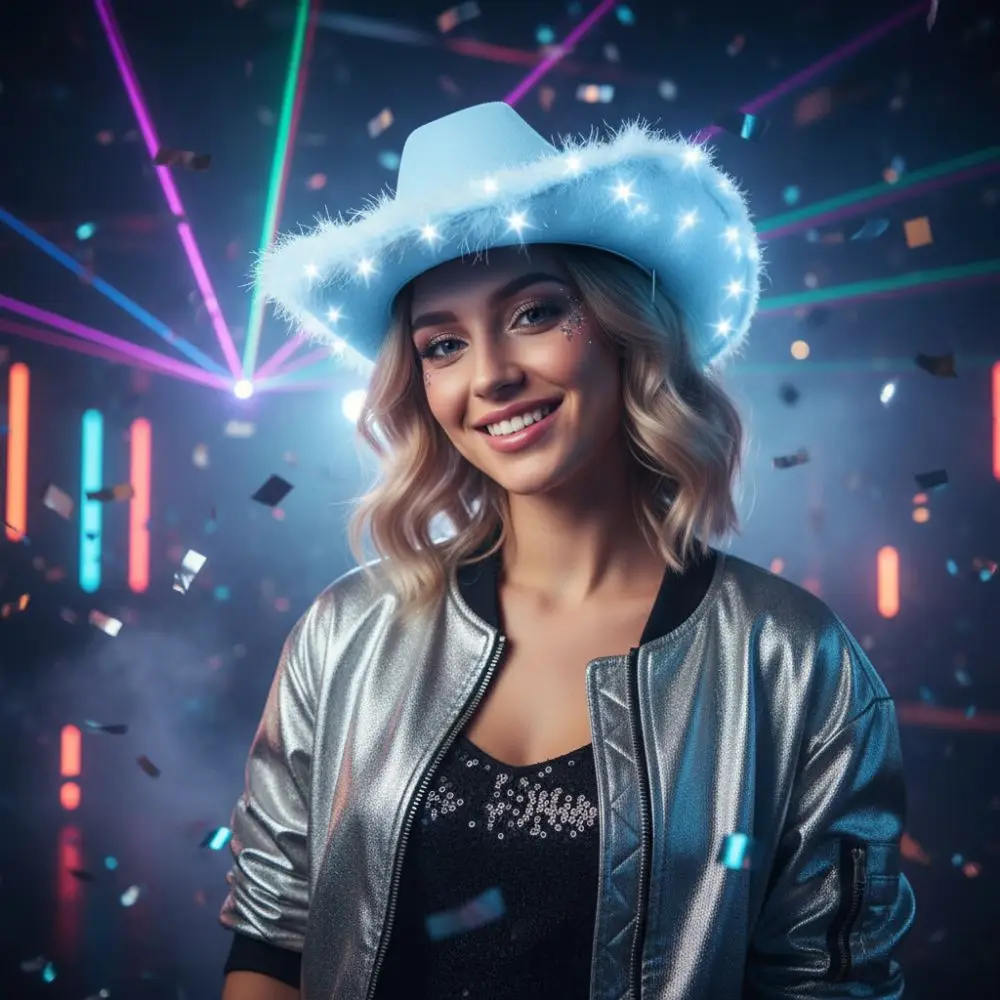 Feather Edge Led Cowboy Hat with LED Light Solid Color Light Up Cowgirl Hat Costume Hat Western Events Themed Events Concerts view 4